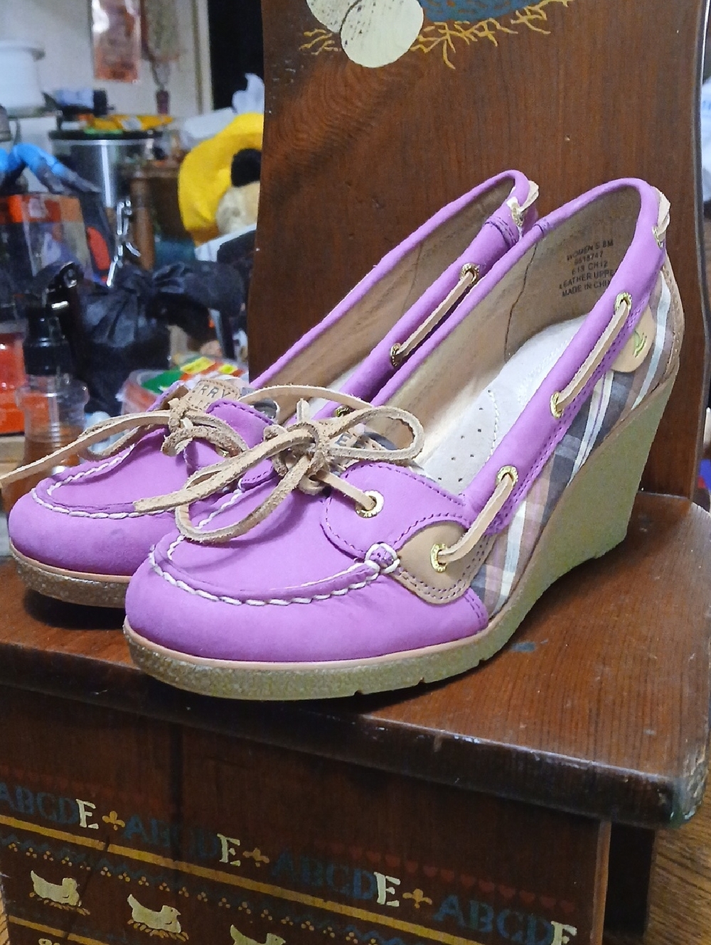 Sperry/topsider,suede Fuscia Plaid Wedge Shoes with Tan Leather-Laces, Sz.8m